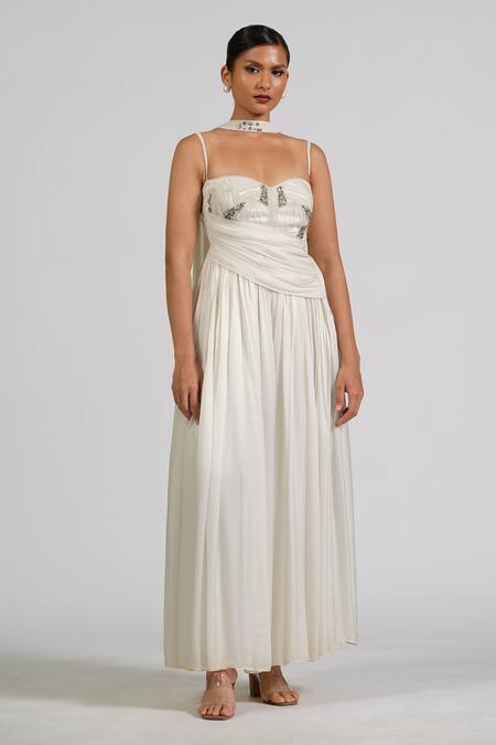 Astha Batra_White Satin, Georgette Beads, Sequins Sweetheart Hand Embroidered Anarkali Set _Online_at_Aza_Fashions