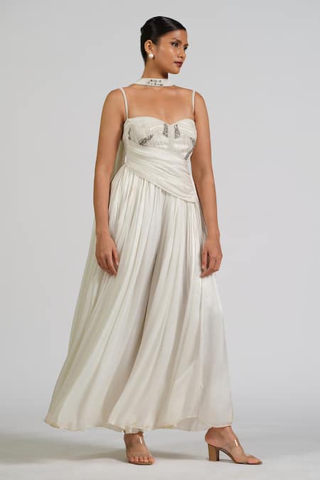 Buy_Astha Batra_White Satin, Georgette Beads, Sequins Sweetheart Hand Embroidered Anarkali Set _Online_at_Aza_Fashions