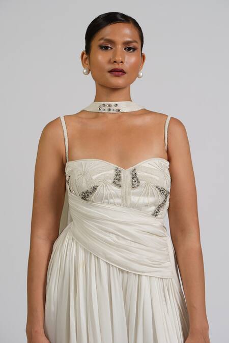 Shop_Astha Batra_White Satin, Georgette Beads, Sequins Sweetheart Hand Embroidered Anarkali Set _Online_at_Aza_Fashions