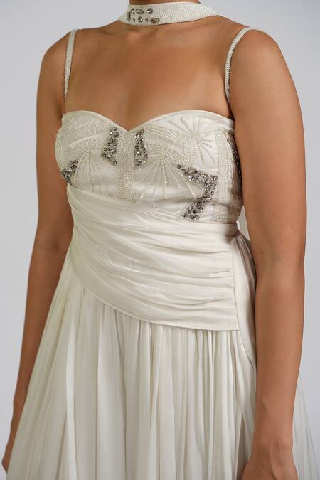 Astha Batra_White Satin, Georgette Beads, Sequins Sweetheart Hand Embroidered Anarkali Set _at_Aza_Fashions