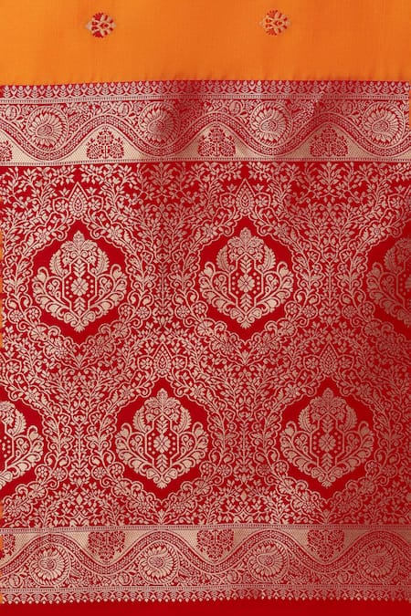 Shop Naintara Bajaj Orange Brocade, Silk Zari V-neck Amber Woven Banarasi Saree Set Online at Aza Fashions Shop_Naintara Bajaj_Orange Brocade, Silk Zari V-neck Amber Woven Banarasi Saree Set _Online_at_Aza_Fashions