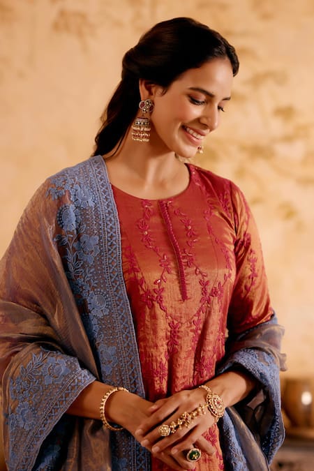 Shop Naaz By Noor Purple Chanderi, Tissue Embroidery Round Neck Plum Thread Kurta Set Online at Aza Fashions Shop_Naaz By Noor_Purple Chanderi, Tissue Embroidery Round Neck Plum Thread Kurta Set _Online_at_Aza_Fashions