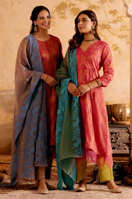 Buy Naaz By Noor Purple Chanderi, Tissue Embroidery Round Neck Plum Thread Kurta Set Buy_Naaz By Noor_Purple Chanderi, Tissue Embroidery Round Neck Plum Thread Kurta Set