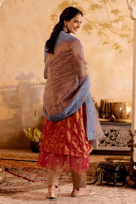 Shop Naaz By Noor Purple Chanderi, Tissue Embroidery Round Neck Plum Thread Kurta Set at Aza Fashions Shop_Naaz By Noor_Purple Chanderi, Tissue Embroidery Round Neck Plum Thread Kurta Set _at_Aza_Fashions