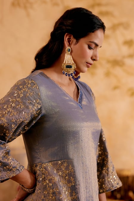Shop_Naaz By Noor_Blue Chanderi, Organza Zari V-neck Embroidered Kurta Set _Online_at_Aza_Fashions