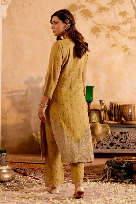 Shop Naaz By Noor Gold Chanderi Embroidery Round Neck Tissue Kurta And Pant Set at Aza Fashions Shop_Naaz By Noor_Gold Chanderi Embroidery Round Neck Tissue Kurta And Pant Set _at_Aza_Fashions