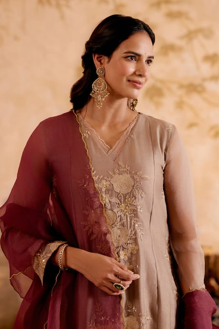 Naaz By Noor_Gray , Silk Embroidery, Sequins Grey Kurta Set With Pants _Online_at_Aza_Fashions