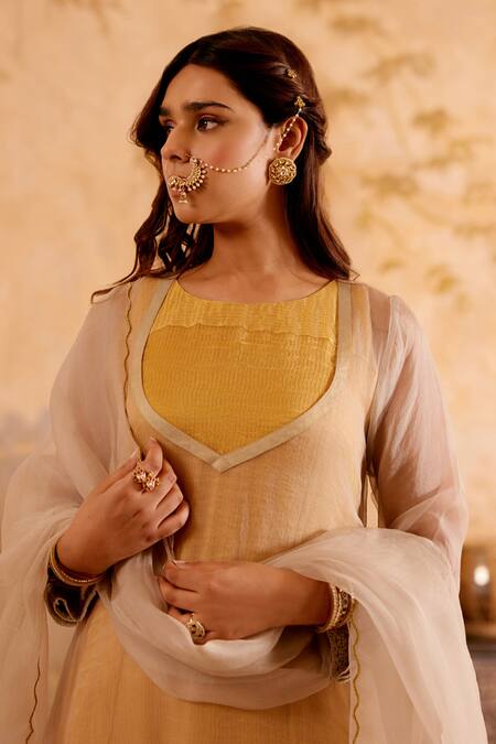 Naaz By Noor Gold Chanderi, Cotton, Organza Embroidery, Zari Tissue Kurta Set With Overlay Online at Aza Fashions Naaz By Noor_Gold Chanderi, Cotton, Organza Embroidery, Zari Tissue Kurta Set With Overlay _Online_at_Aza_Fashions