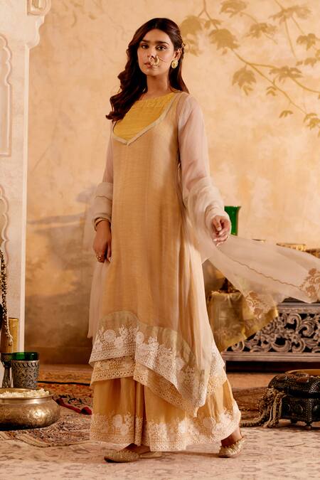 Buy Naaz By Noor Gold Chanderi, Cotton, Organza Embroidery, Zari Tissue Kurta Set With Overlay Online at Aza Fashions Buy_Naaz By Noor_Gold Chanderi, Cotton, Organza Embroidery, Zari Tissue Kurta Set With Overlay _Online_at_Aza_Fashions