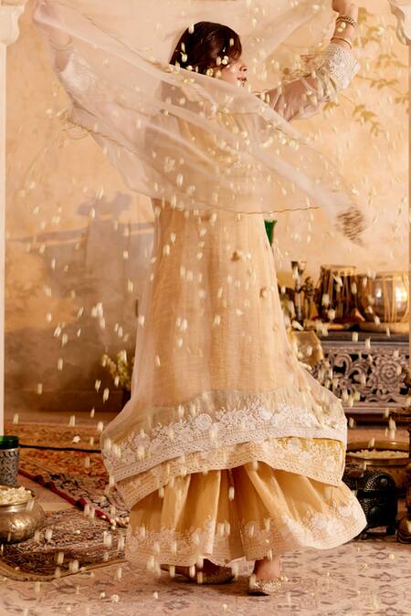 Shop Naaz By Noor Gold Chanderi, Cotton, Organza Embroidery, Zari Tissue Kurta Set With Overlay Online at Aza Fashions Shop_Naaz By Noor_Gold Chanderi, Cotton, Organza Embroidery, Zari Tissue Kurta Set With Overlay _Online_at_Aza_Fashions