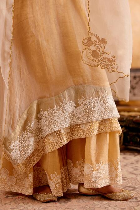 Naaz By Noor Gold Chanderi, Cotton, Organza Embroidery, Zari Tissue Kurta Set With Overlay at Aza Fashions Naaz By Noor_Gold Chanderi, Cotton, Organza Embroidery, Zari Tissue Kurta Set With Overlay _at_Aza_Fashions