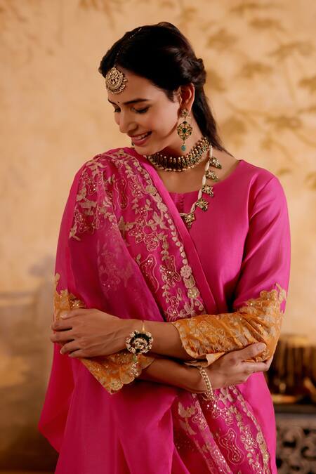 Buy Naaz By Noor Pink Chanderi, Organza Zari Round Neck Hot Embroidered Kurta Set Online at Aza Fashions Buy_Naaz By Noor_Pink Chanderi, Organza Zari Round Neck Hot Embroidered Kurta Set _Online_at_Aza_Fashions