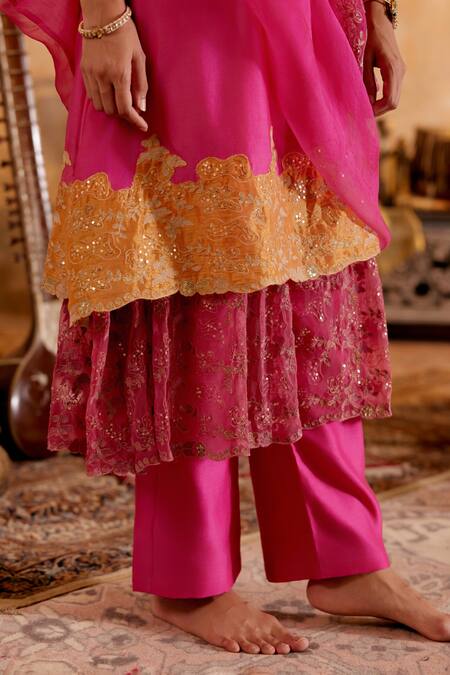 Naaz By Noor Pink Chanderi, Organza Zari Round Neck Hot Embroidered Kurta Set at Aza Fashions Naaz By Noor_Pink Chanderi, Organza Zari Round Neck Hot Embroidered Kurta Set _at_Aza_Fashions