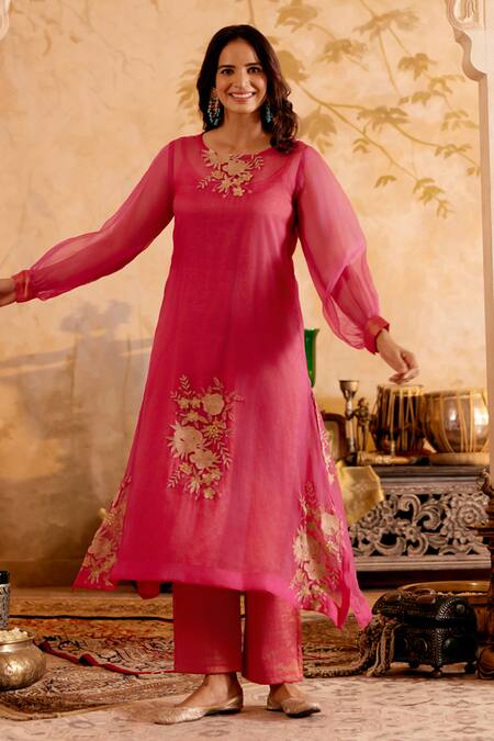 Shop Naaz By Noor Pink Chanderi, Organza Embroidery, Zari Round Tissue Kurta Set With Overlay Online at Aza Fashions Shop_Naaz By Noor_Pink Chanderi, Organza Embroidery, Zari Round Tissue Kurta Set With Overlay _Online_at_Aza_Fashions
