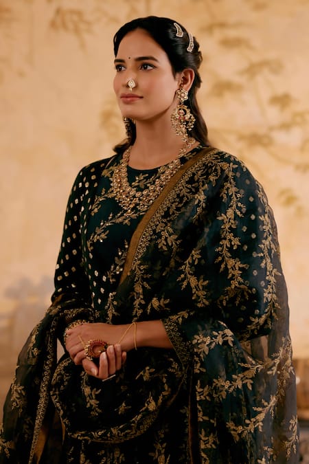 Naaz By Noor Green Chanderi, Organza Embroidery Round Neck Kurta Set With Overlay And Dupatta Online at Aza Fashions Naaz By Noor_Green Chanderi, Organza Embroidery Round Neck Kurta Set With Overlay And Dupatta _Online_at_Aza_Fashions