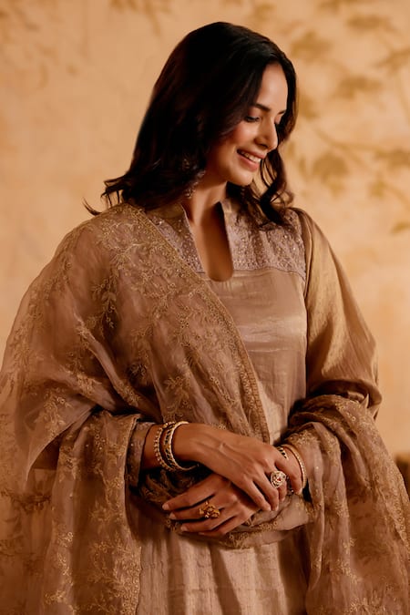 Shop_Naaz By Noor_Gold Chanderi, Organza Sequins, Embroidery, Zari Collared Tissue Kurta Set _Online_at_Aza_Fashions