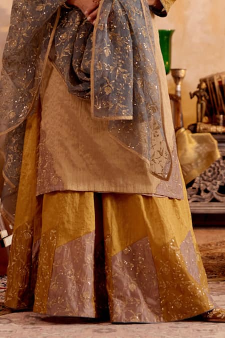 Naaz By Noor Gray Chanderi, Organza Beads, Embroidery, Zari V-neck Kurta Sharara Set Online at Aza Fashions Naaz By Noor_Gray Chanderi, Organza Beads, Embroidery, Zari V-neck Kurta Sharara Set _Online_at_Aza_Fashions