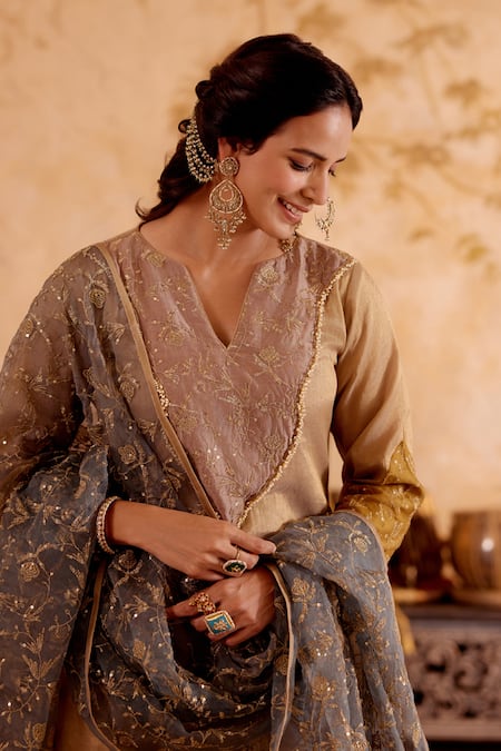 Naaz By Noor Gray Chanderi, Organza Beads, Embroidery, Zari V-neck Kurta Sharara Set at Aza Fashions Naaz By Noor_Gray Chanderi, Organza Beads, Embroidery, Zari V-neck Kurta Sharara Set _at_Aza_Fashions