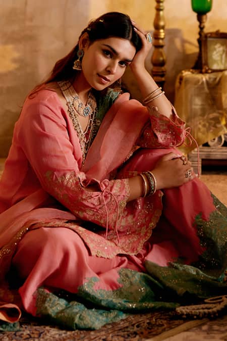 Naaz By Noor_Pink Chanderi, Organza, Tissue Zari Round Neck Embroidered Kurta Sharara Set _Online_at_Aza_Fashions