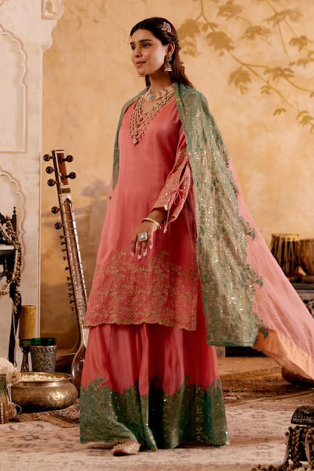 Buy_Naaz By Noor_Pink Chanderi, Organza, Tissue Zari Round Neck Embroidered Kurta Sharara Set _Online_at_Aza_Fashions