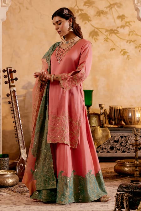 Shop_Naaz By Noor_Pink Chanderi, Organza, Tissue Zari Round Neck Embroidered Kurta Sharara Set _Online_at_Aza_Fashions