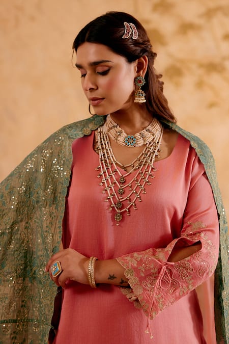 Naaz By Noor_Pink Chanderi, Organza, Tissue Zari Round Neck Embroidered Kurta Sharara Set _at_Aza_Fashions