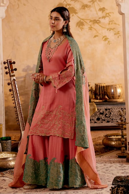 Buy_Naaz By Noor_Pink Chanderi, Organza, Tissue Zari Round Neck Embroidered Kurta Sharara Set 