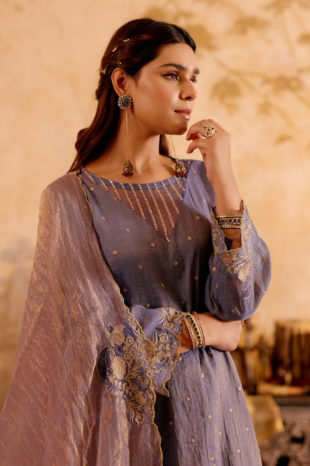 Naaz By Noor Lavender Chanderi, Tissue Sequins, Zari Round Neck Kurta Set Online at Aza Fashions Naaz By Noor_Lavender Chanderi, Tissue Sequins, Zari Round Neck Kurta Set _Online_at_Aza_Fashions