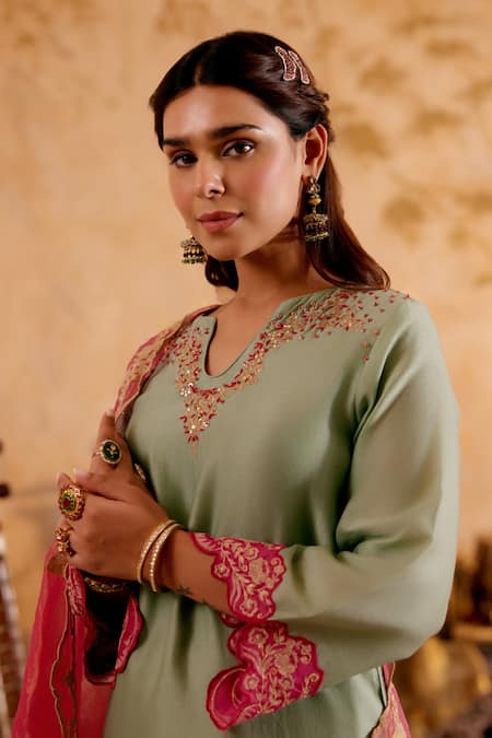Naaz By Noor_Green Chanderi, Tissue Embroidery, Zari V-neck Kurta Set With Sharara _Online_at_Aza_Fashions