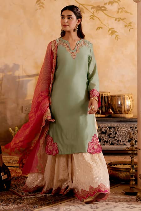Shop_Naaz By Noor_Green Chanderi, Tissue Embroidery, Zari V-neck Kurta Set With Sharara _Online_at_Aza_Fashions