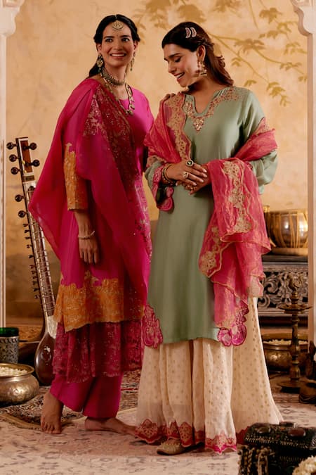Naaz By Noor_Green Chanderi, Tissue Embroidery, Zari V-neck Kurta Set With Sharara _at_Aza_Fashions