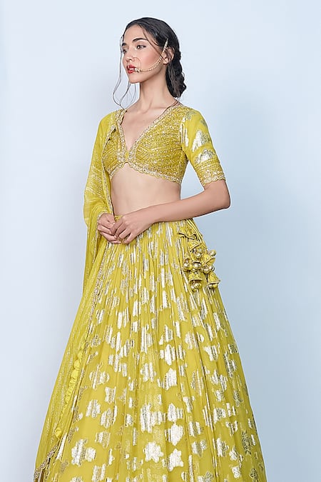 Shop_Priyanka Jain_Green Georgette Embroidery, Pearls, Sequins V-neck Mehndi Bloom Lehenga Set _Online_at_Aza_Fashions