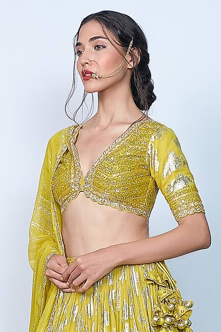 Priyanka Jain_Green Georgette Embroidery, Pearls, Sequins V-neck Mehndi Bloom Lehenga Set _at_Aza_Fashions