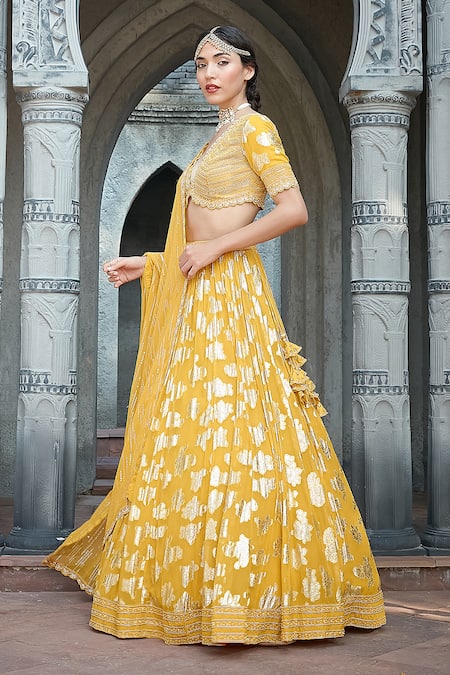 Priyanka Jain_Yellow Georgette Pearls, Sequins, Embroidery Scoop Vibrant Lurex Lehenga Set _Online_at_Aza_Fashions