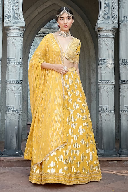 Buy_Priyanka Jain_Yellow Georgette Pearls, Sequins, Embroidery Scoop Vibrant Lurex Lehenga Set _Online_at_Aza_Fashions