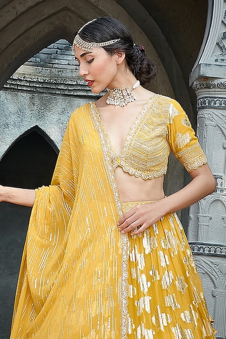 Shop_Priyanka Jain_Yellow Georgette Pearls, Sequins, Embroidery Scoop Vibrant Lurex Lehenga Set _Online_at_Aza_Fashions