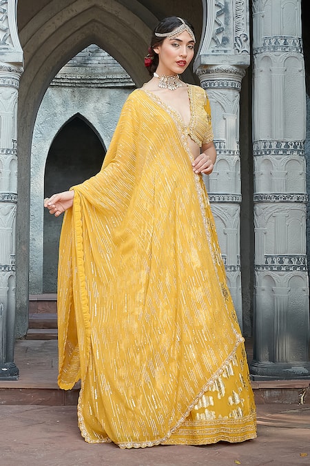 Priyanka Jain_Yellow Georgette Pearls, Sequins, Embroidery Scoop Vibrant Lurex Lehenga Set _at_Aza_Fashions