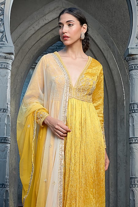 Priyanka Jain_Yellow Silk, Crepe, Net Embroidery, Pearls, Sequins Ombre Dyed Anarkali Set _Online_at_Aza_Fashions
