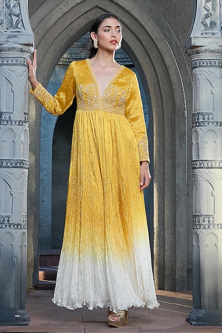 Buy_Priyanka Jain_Yellow Silk, Crepe, Net Embroidery, Pearls, Sequins Ombre Dyed Anarkali Set _Online_at_Aza_Fashions