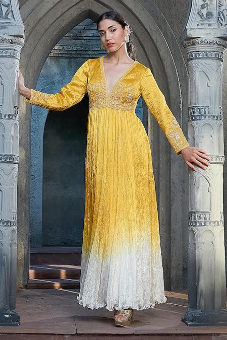 Shop_Priyanka Jain_Yellow Silk, Crepe, Net Embroidery, Pearls, Sequins Ombre Dyed Anarkali Set _Online_at_Aza_Fashions