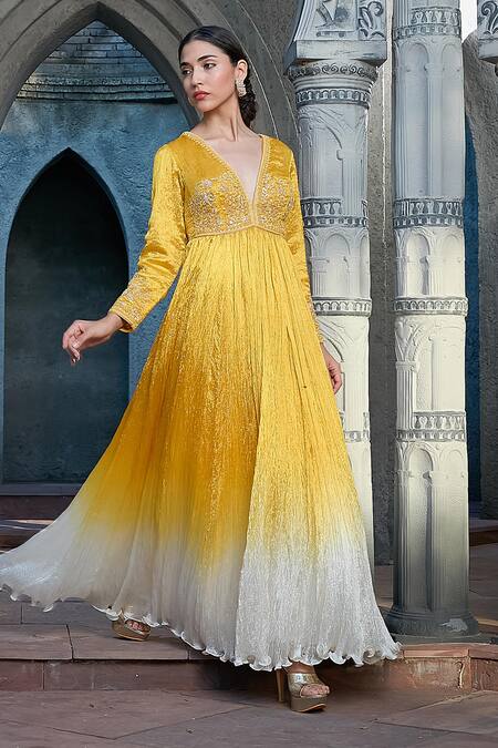 Priyanka Jain_Yellow Silk, Crepe, Net Embroidery, Pearls, Sequins Ombre Dyed Anarkali Set _at_Aza_Fashions