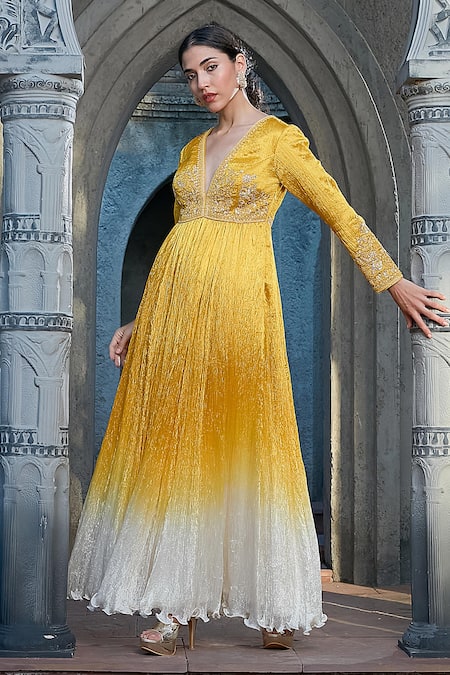 Buy_Priyanka Jain_Yellow Silk, Crepe, Net Embroidery, Pearls, Sequins Ombre Dyed Anarkali Set 