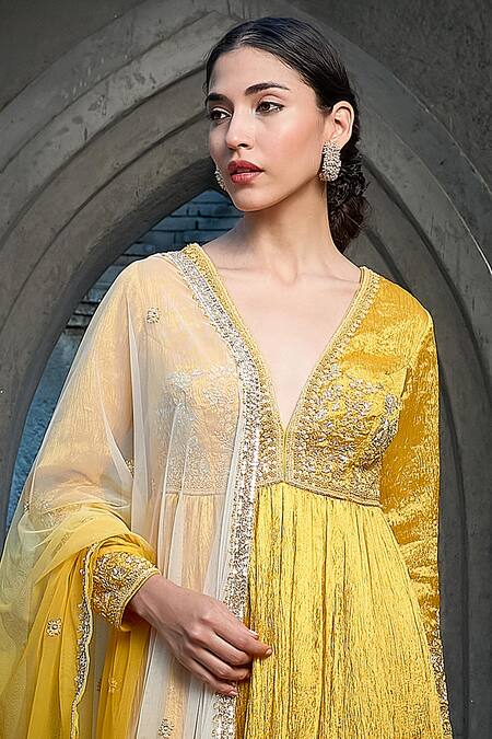 Shop_Priyanka Jain_Yellow Silk, Crepe, Net Embroidery, Pearls, Sequins Ombre Dyed Anarkali Set 