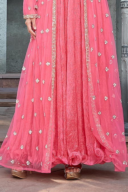 Priyanka Jain_Pink Crepe, Silk Pearls, Sequins Open Neck, Crinkle Kurta Set _Online_at_Aza_Fashions