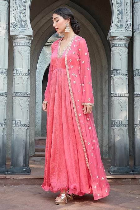 Buy_Priyanka Jain_Pink Crepe, Silk Pearls, Sequins Open Neck, Crinkle Kurta Set _Online_at_Aza_Fashions