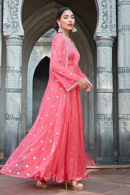 Shop_Priyanka Jain_Pink Crepe, Silk Pearls, Sequins Open Neck, Crinkle Kurta Set _Online_at_Aza_Fashions