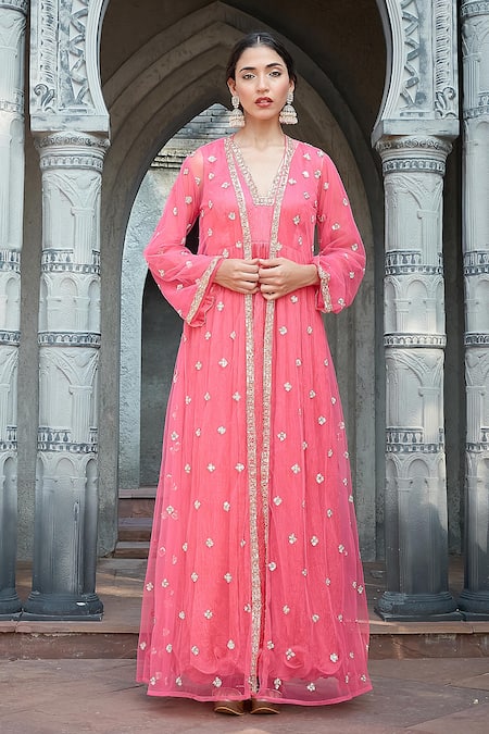 Priyanka Jain_Pink Crepe, Silk Pearls, Sequins Open Neck, Crinkle Kurta Set _at_Aza_Fashions