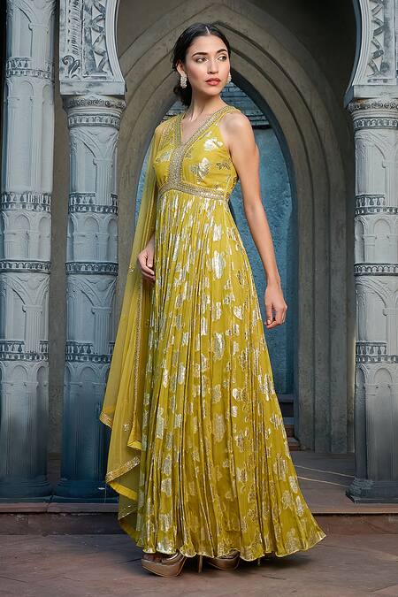 Shop_Priyanka Jain_Green Georgette, Net Pearls, Sequins, Embroidery Lurex Anarkali Set With Dupatta _Online_at_Aza_Fashions