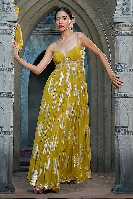 Buy_Priyanka Jain_Green Georgette, Net Embroidery, Sequins, Pearls Sweetheart Lurex Anarkali Set _Online_at_Aza_Fashions