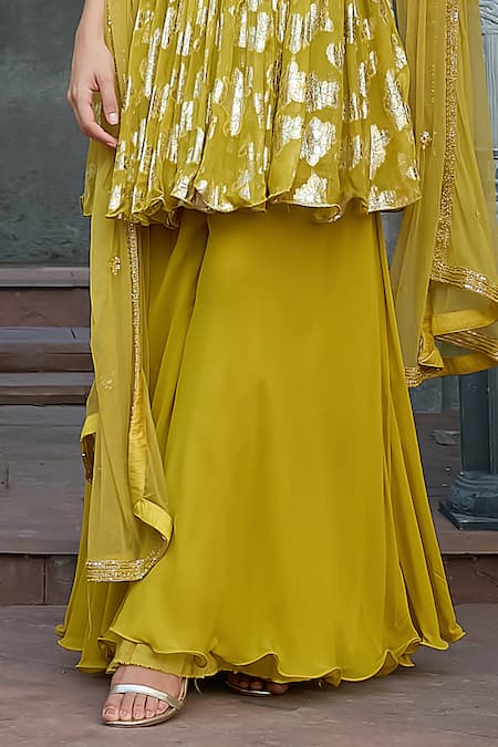 Priyanka Jain_Green Georgette, Net Embroidery, Sequins, Pearls Sweetheart Lurex Sharara Set _Online_at_Aza_Fashions